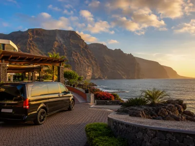 Airport transfer arriving near Los Gigantes cliffs in west Tenerife