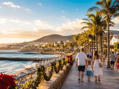 Families and couples walking on a sunny Canary Islands resort promenade at Christmas and New Year