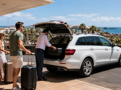 Airport transfer car arriving near Caleta de Fuste on Fuerteventura with travellers and luggage