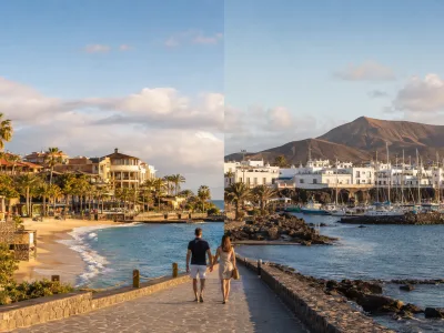 Couple walking between a Costa Adeje beach resort scene and Playa Blanca marina in the Canary Islands