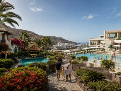 Family resort pools and tropical gardens in Puerto de Mogan, Gran Canaria