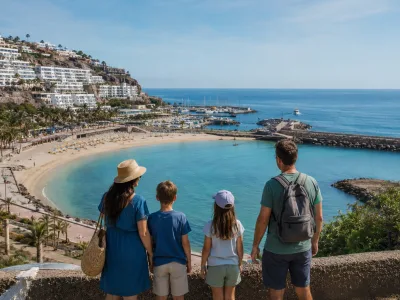 Family looking across a sunny sheltered Canary Islands beach during a February half-term holiday
