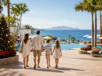 Family arriving at a Costa Adeje resort in Tenerife for a sunny Christmas holiday