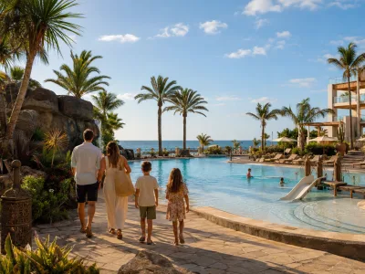 Family walking beside a lagoon-style resort pool overlooking the Atlantic in Meloneras, Gran Canaria