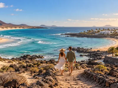 Couple overlooking pale sand dunes, turquoise Atlantic water and a volcanic coast representing Corralejo and Costa Teguise