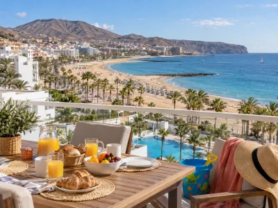 Family apartment terrace overlooking Playa de las Vistas in south Tenerife