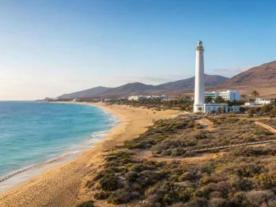 Playa del Matorral and Morro Jable lighthouse beside beachfront hotels in Jandía, Fuerteventura