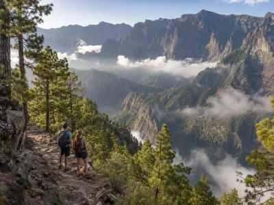 Hikers looking across the pine-covered cliffs of Caldera de Taburiente National Park in La Palma