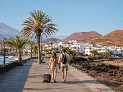 Couple walking with luggage on a Canary Islands waterfront, with Tenerife and Lanzarote volcanic scenery
