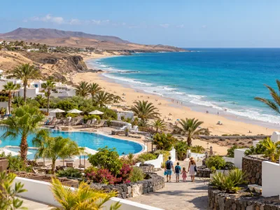 Family walking from an all-inclusive resort toward Esquinzo beach in southern Fuerteventura