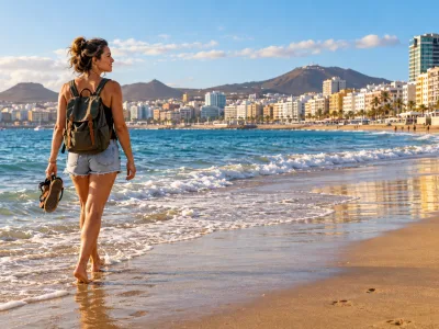 Solo traveller walking beside Las Canteras beach in Las Palmas de Gran Canaria
