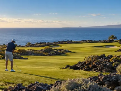 Golfer on a volcanic coastal course overlooking the Atlantic in the Canary Islands