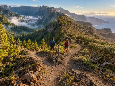 Hikers choosing a volcanic mountain trail between La Palma-style pine caldera scenery and El Hierro-style Atlantic cliffs