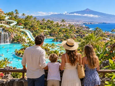 Family choosing between Siam Park and Loro Parque experiences in Tenerife