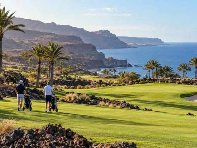 Golfers walking beside a green among volcanic hills and palms in southern Gran Canaria