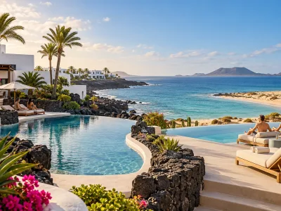 Luxury adults-only resort pools and Atlantic coast scenery representing Paradisus Salinas Lanzarote and Secrets Bahia Real in Fuerteventura