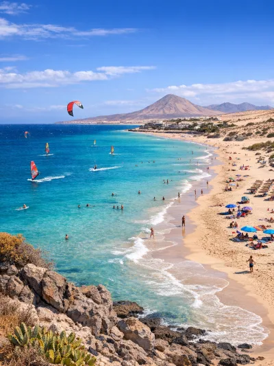 Sunny beach in Fuerteventura with turquoise water, golden sand and volcanic landscape