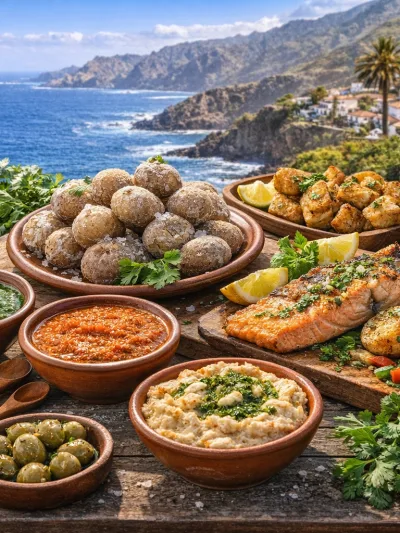 Canary Islands coastal village and mountain travel landscape