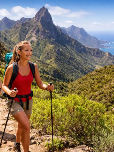 Hikers on a scenic mountain trail in the Canary Islands