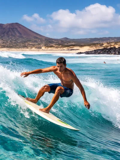 Surfer riding a wave in the Canary Islands with volcanic landscape in the background