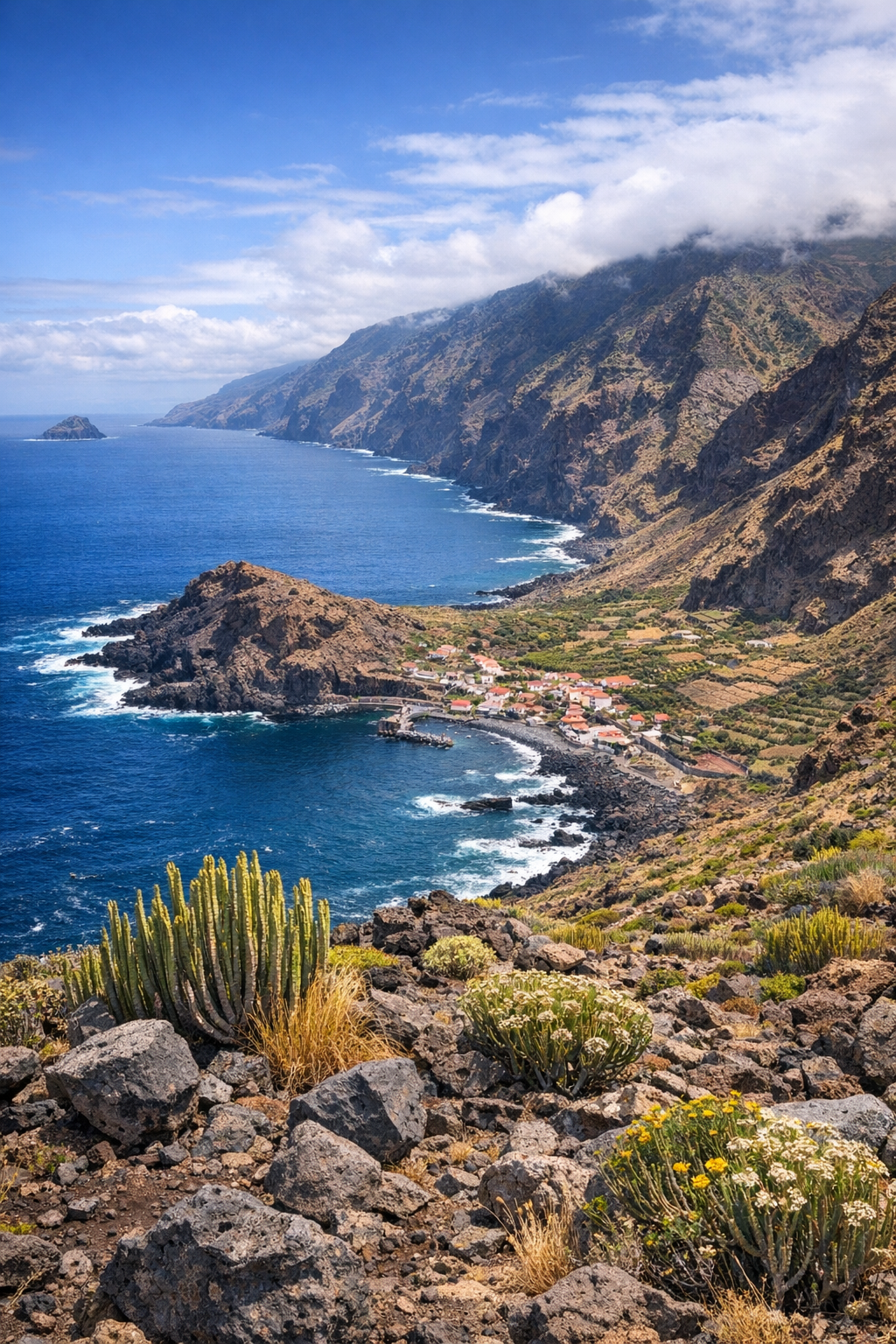 Coastal view in El Hierro with volcanic shoreline and Atlantic sea