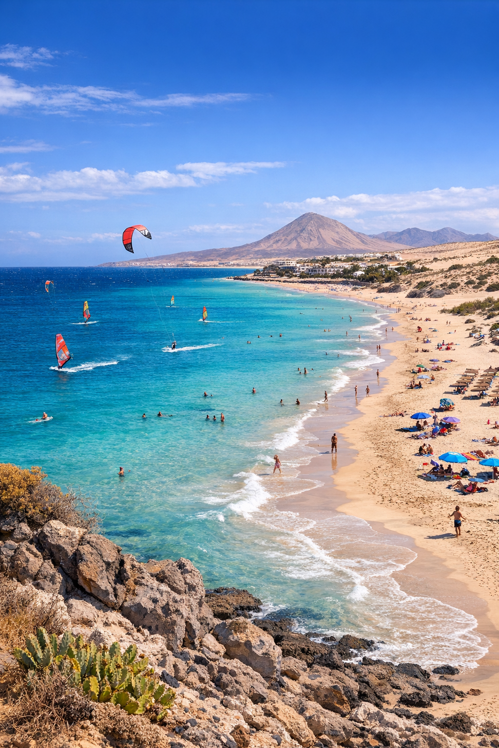 Sunny beach in Fuerteventura with turquoise water, golden sand and volcanic landscape