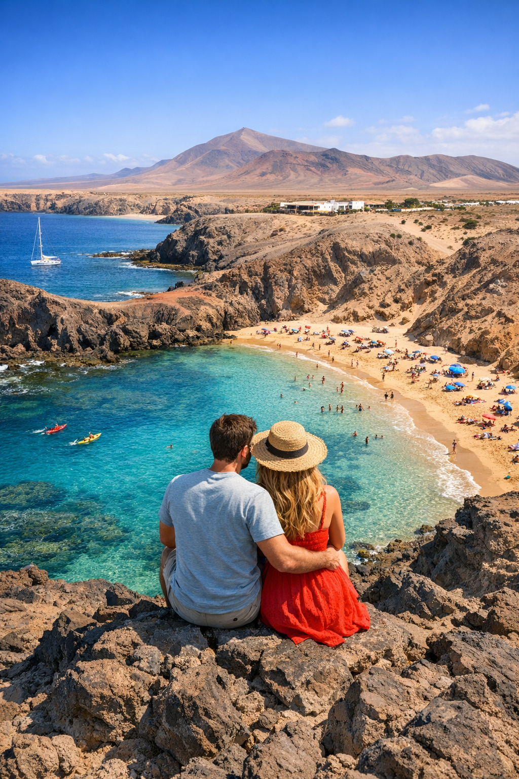 Sunny beach in Lanzarote with turquoise water, golden sand and volcanic coastline