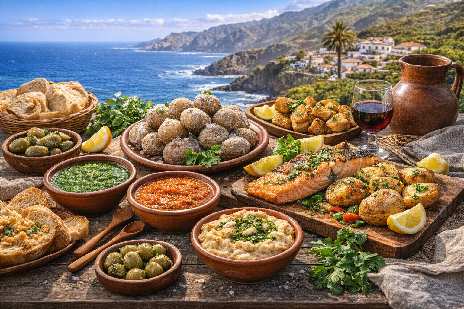 Canary Islands coastal village and mountain travel landscape