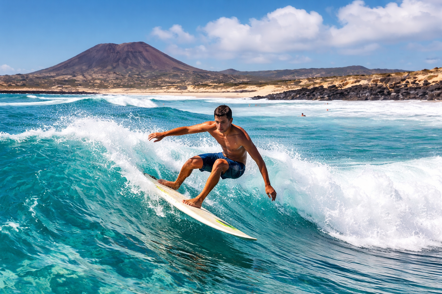 Surfer riding a wave in the Canary Islands with volcanic landscape in the background