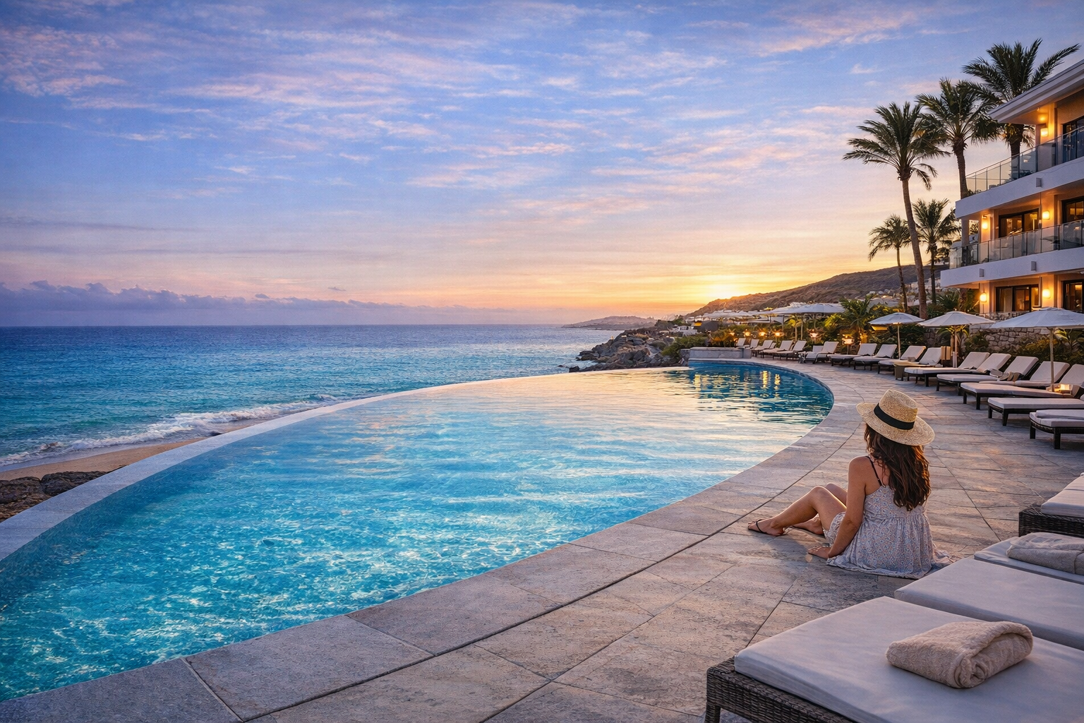 Luxury seaside hotel resort in the Canary Islands at sunset with infinity pool