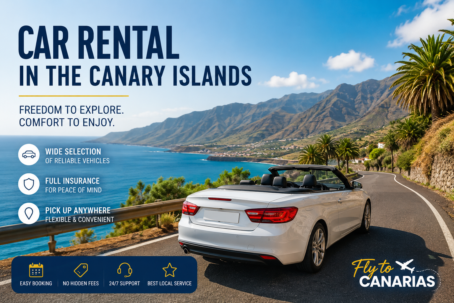 Canary Islands car rental cover image with a white convertible on a scenic coastal road
