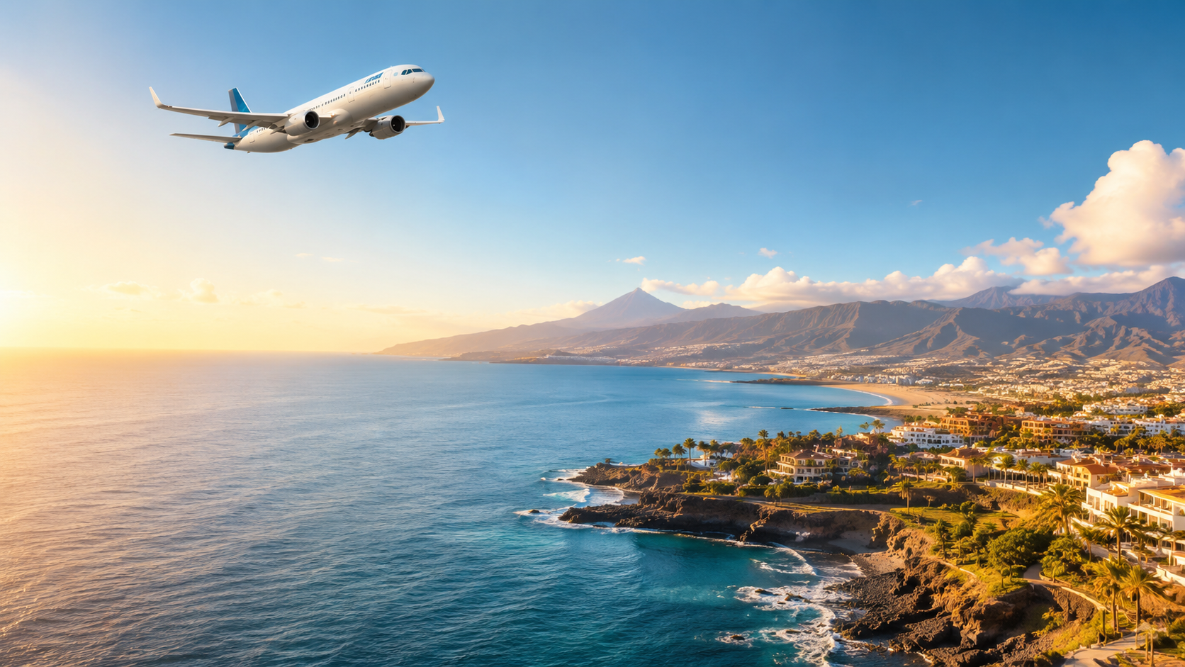 Flights to the Canary Islands cover image with airplane above a sunny volcanic coastline