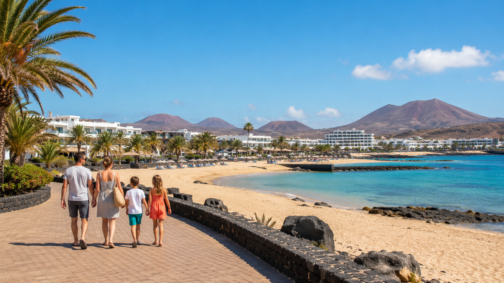 Family walking by a sheltered Canary Islands beach, representing Caleta de Fuste and Costa Teguise family holidays