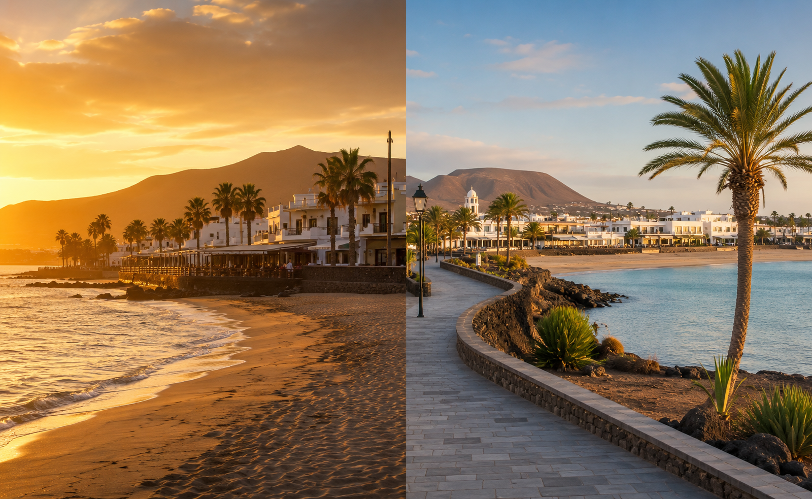 Golden-hour Lanzarote beach promenade illustrating Puerto del Carmen versus Costa Teguise resort choices