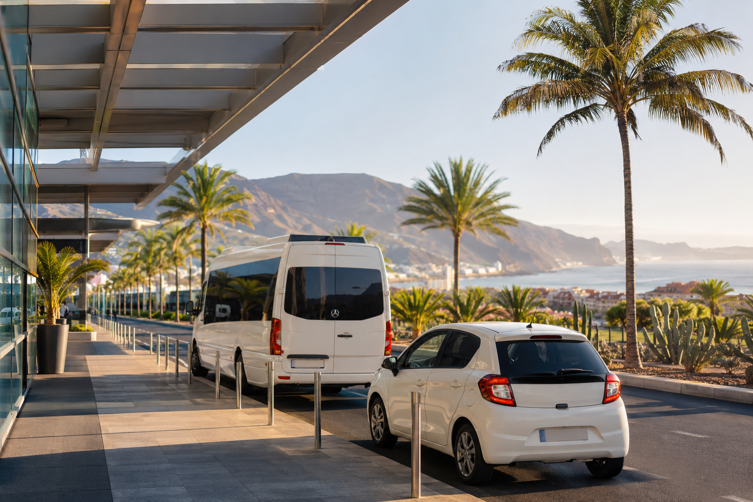 Transfer minibus and rental car outside Tenerife airport with palm trees and volcanic hills