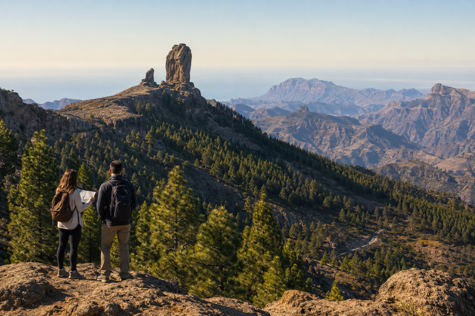 Travellers looking toward Roque Nublo in the Gran Canaria highlands