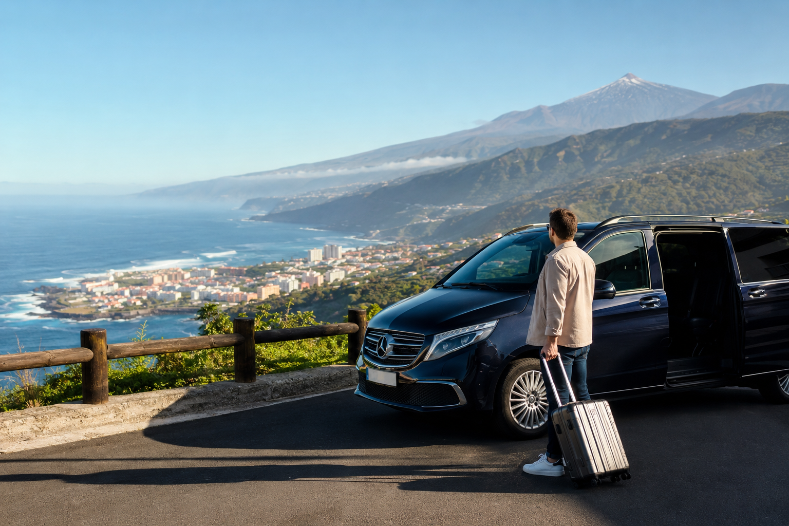 Airport transfer vehicle above Puerto de la Cruz on Tenerife's green north coast
