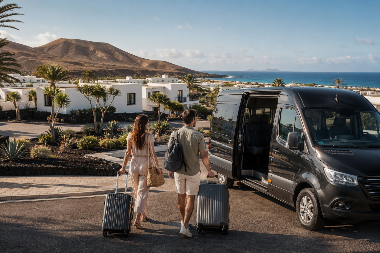 Airport transfer vehicle arriving in Playa Blanca, Lanzarote, with luggage and coastal resort scenery