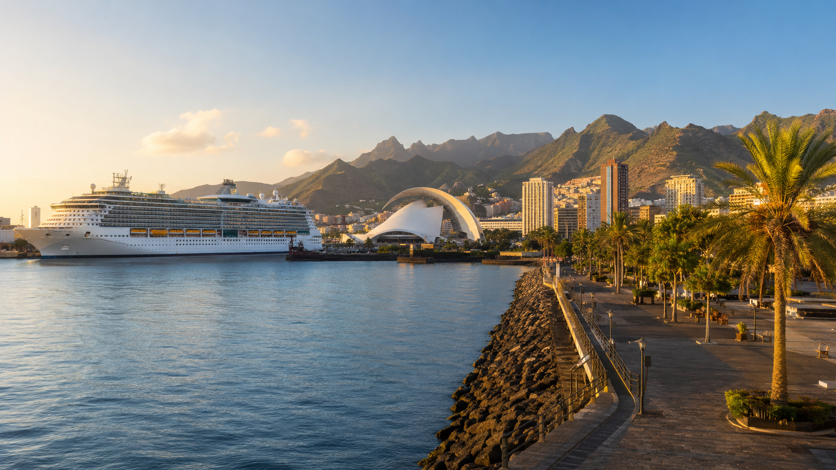 Cruise ship and waterfront hotels in Santa Cruz de Tenerife at golden hour