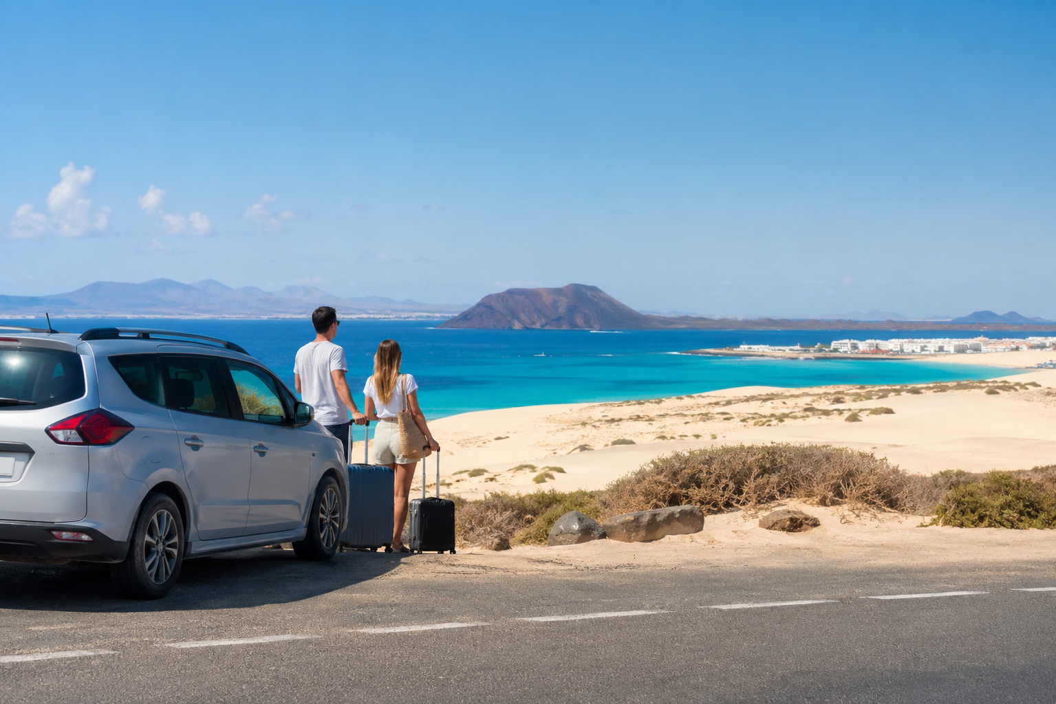 Travelers arriving near Corralejo dunes after a Fuerteventura Airport transfer