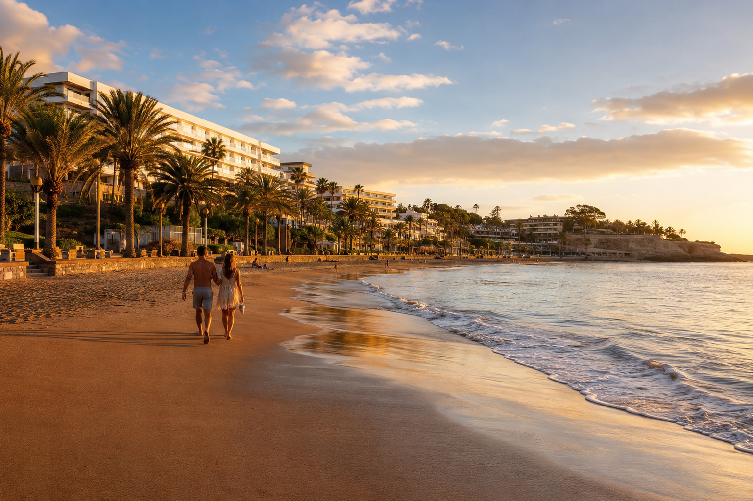 San Agustin beach in Gran Canaria with quiet resort hotels and a seafront promenade