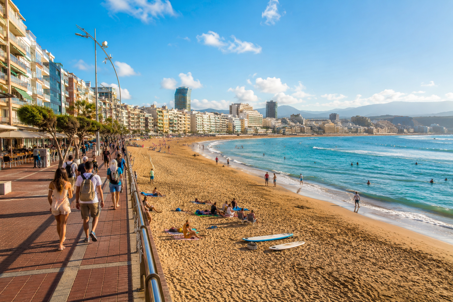 Las Canteras beach and promenade in Las Palmas de Gran Canaria with city hotels behind the sand