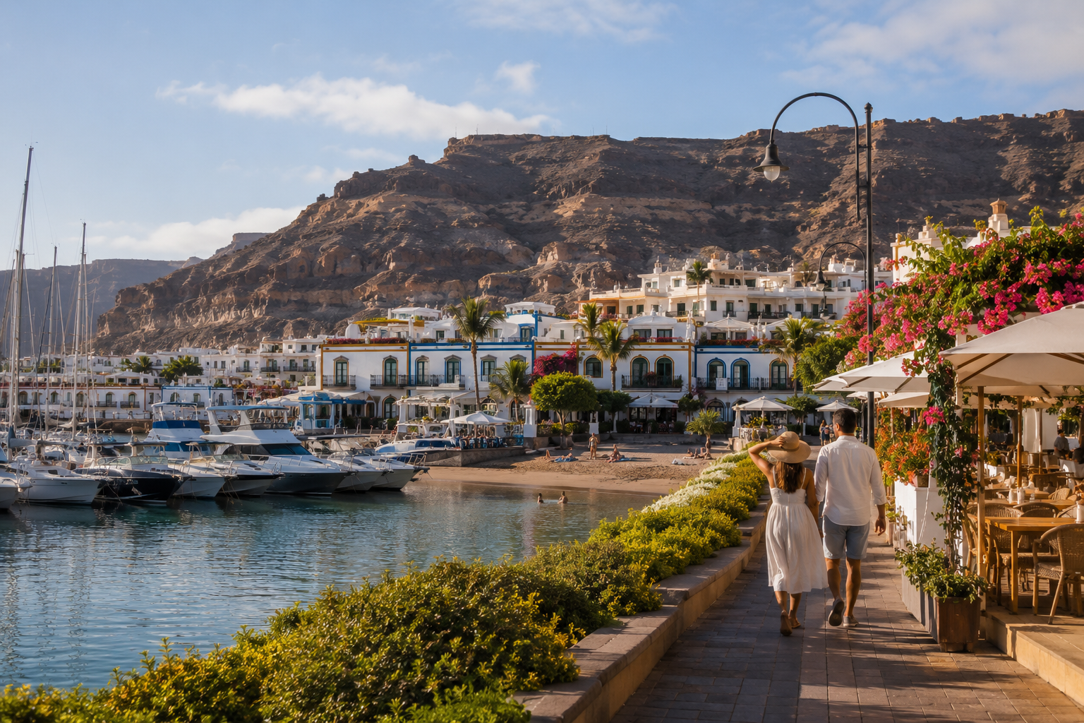 Puerto de Mogan marina and sheltered beach in Gran Canaria for couples comparing Puerto Rico and Puerto de Mogan