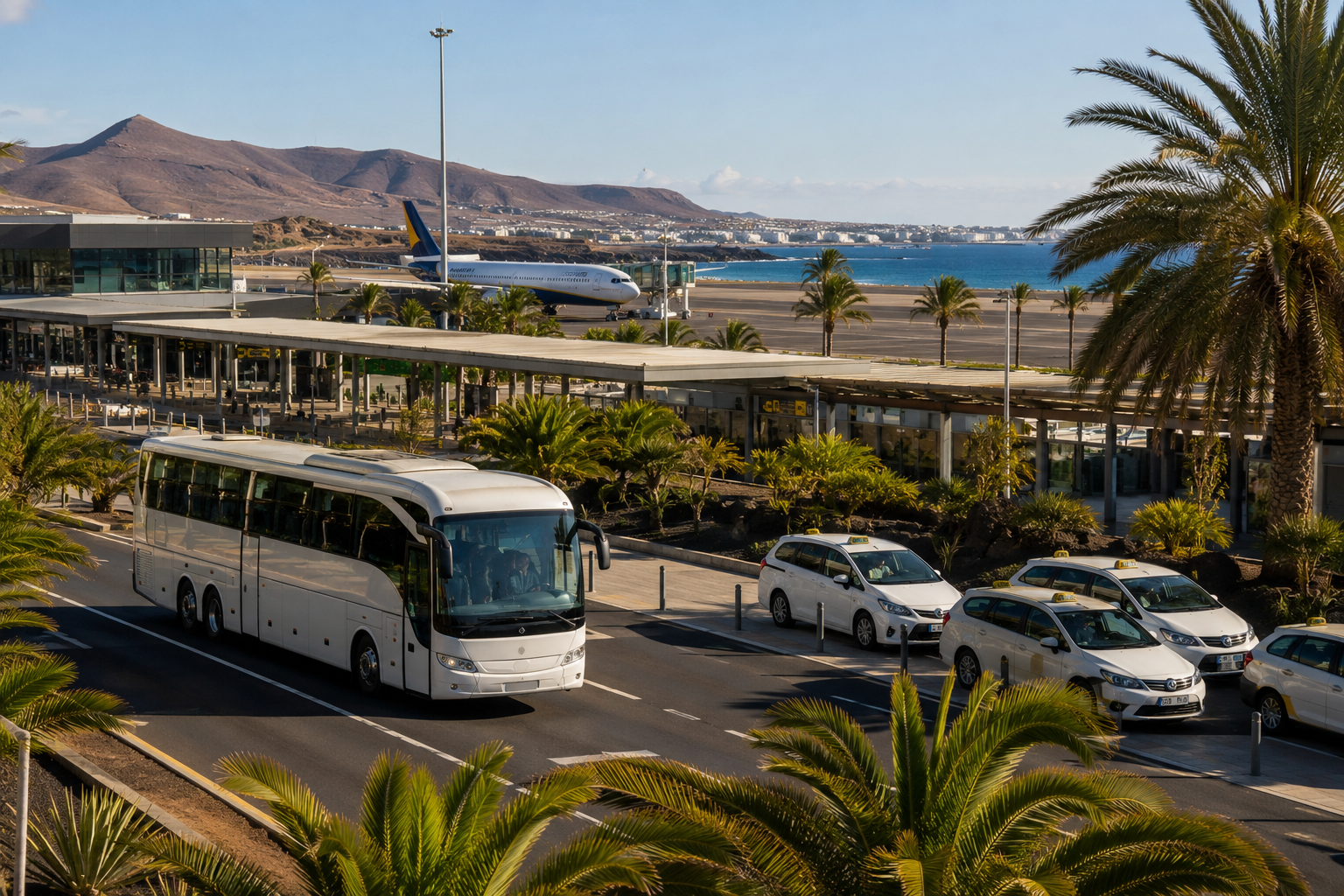 Airport transfer coach and taxi area near a Canary Islands beach resort