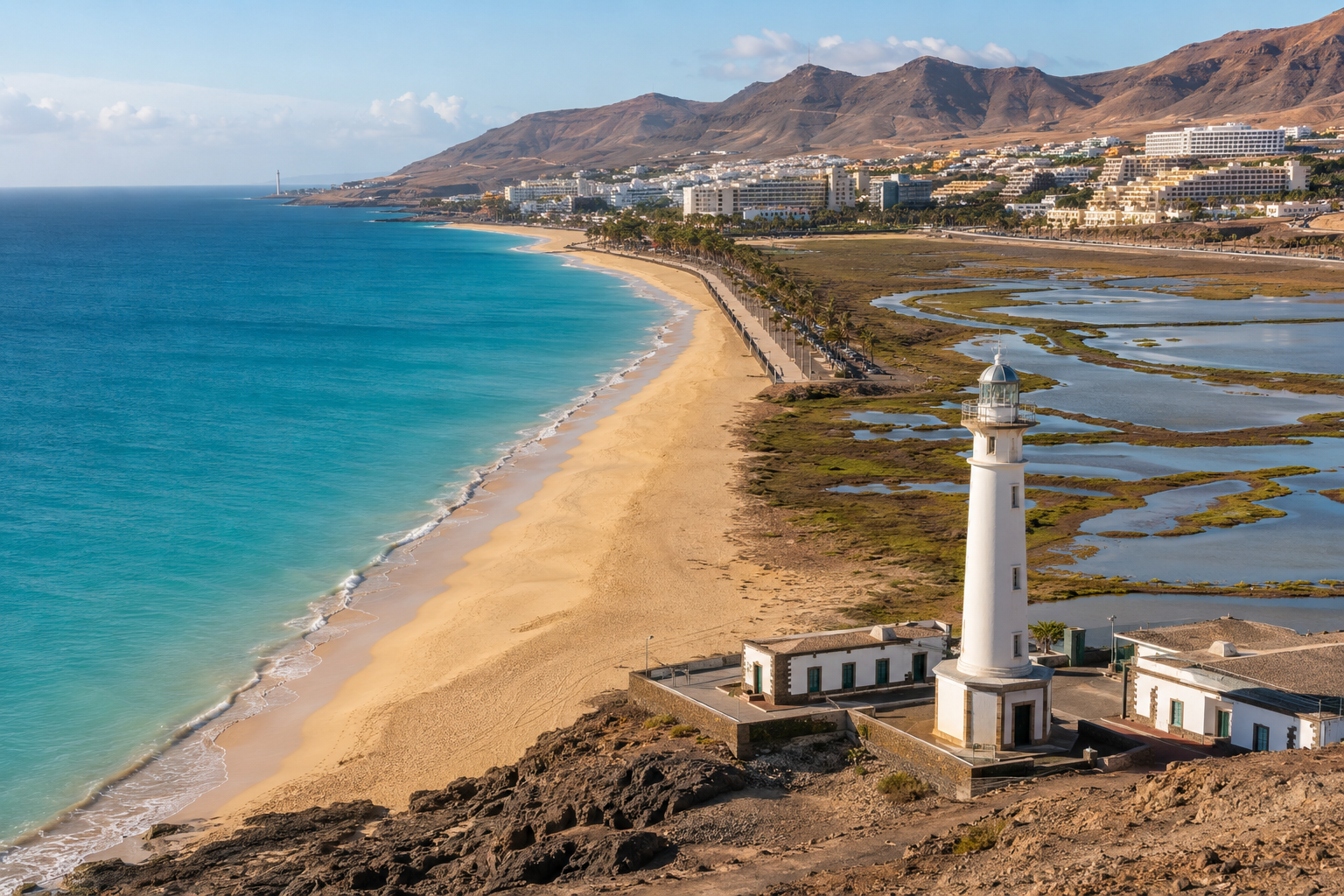 Morro Jable beach and Jandia lighthouse in Fuerteventura