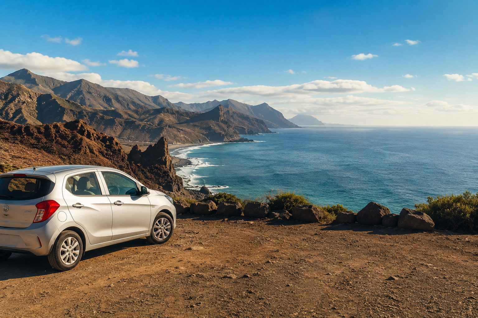 Rental car at a volcanic coastal viewpoint in the Canary Islands