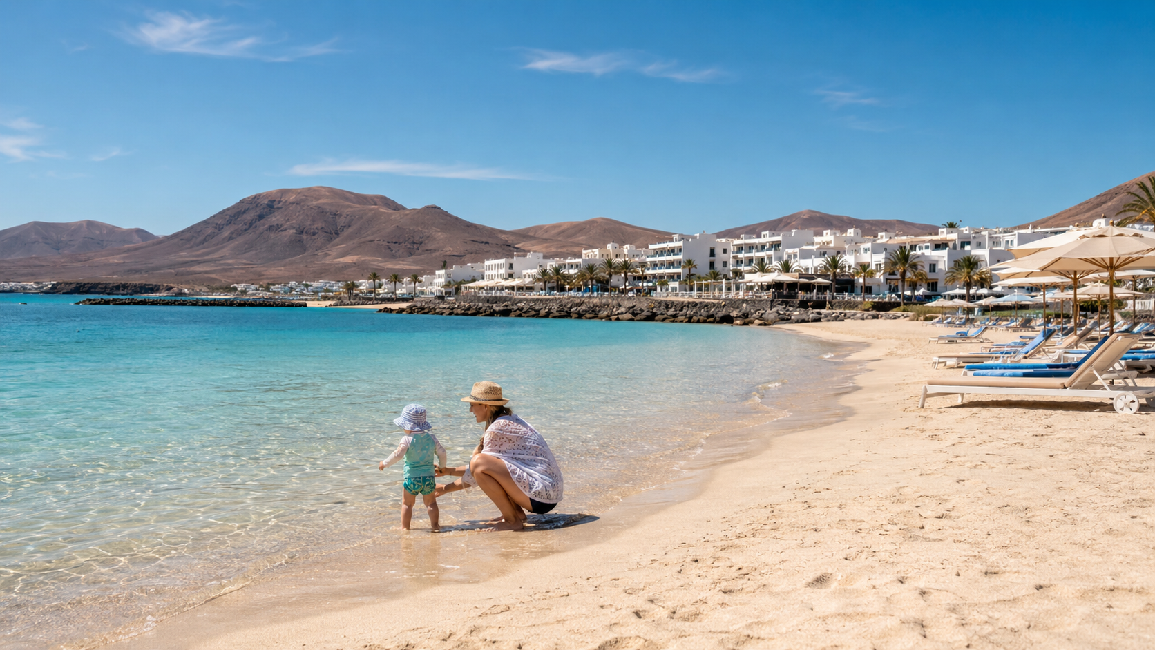 Family-friendly Playa Flamingo beach in Playa Blanca, Lanzarote with calm shallow water and resort hotels nearby
