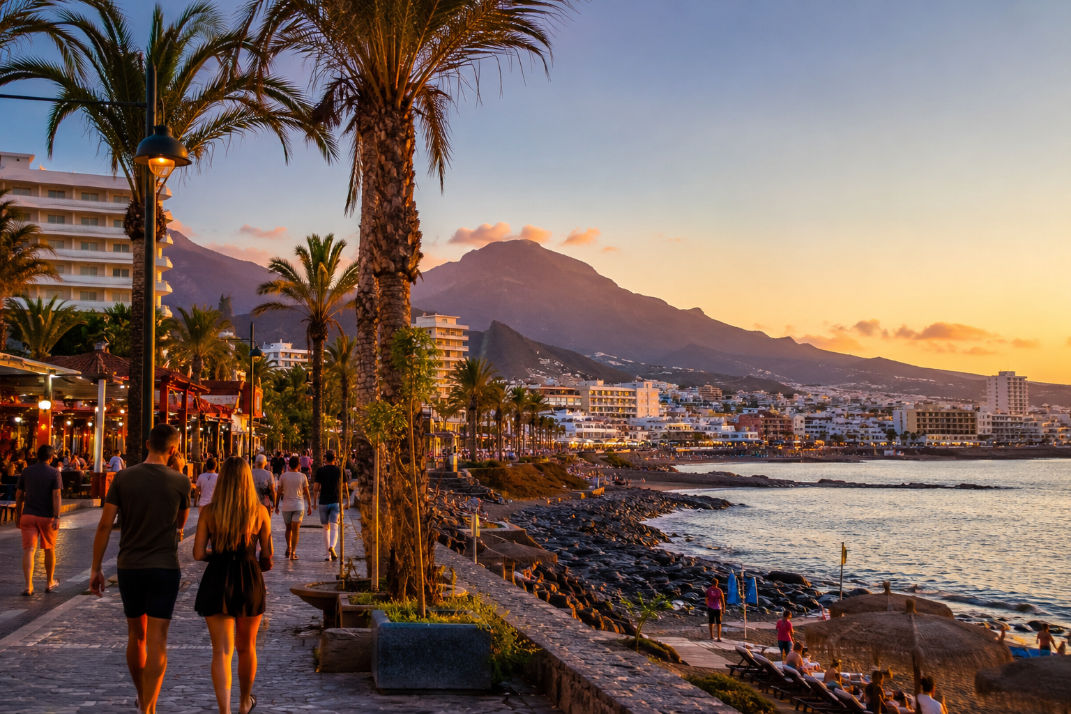 Golden-hour promenade between Los Cristianos and Playa de las Americas in Tenerife