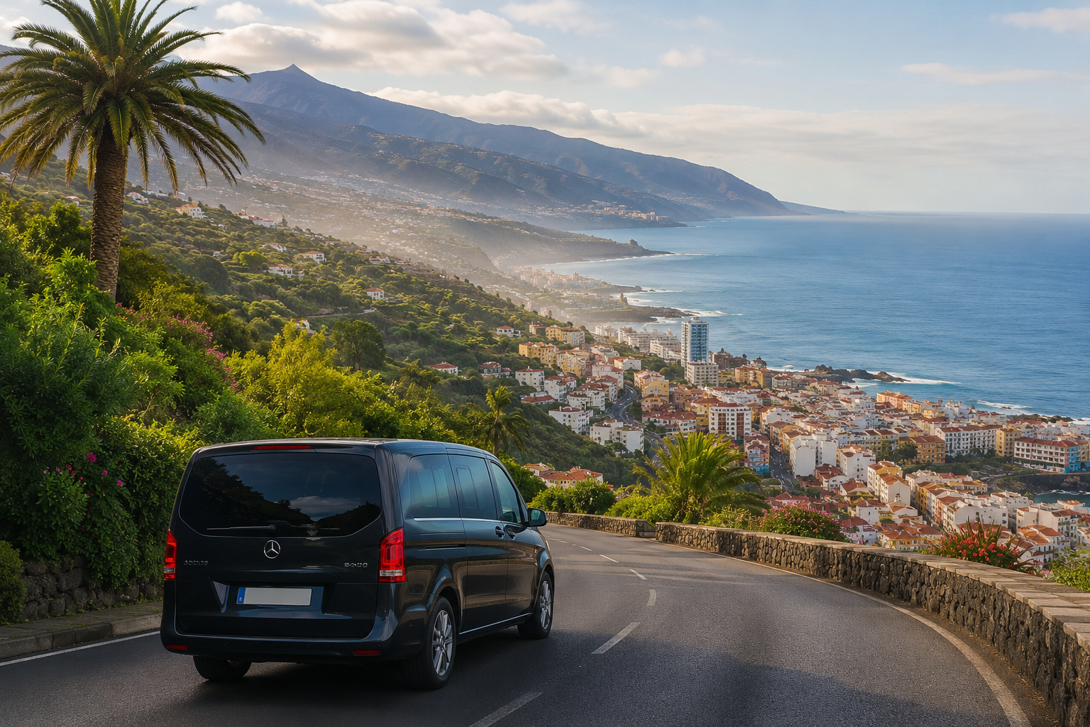 Transfer car arriving in Puerto de la Cruz from Tenerife North Airport with the Atlantic coast and green north Tenerife hills
