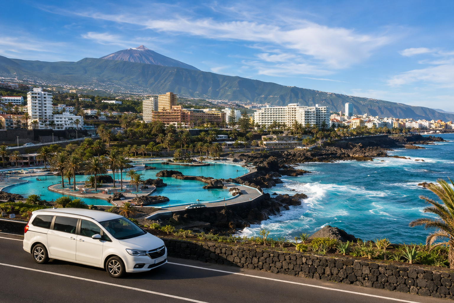 Airport transfer vehicle on the Puerto de la Cruz seafront in north Tenerife